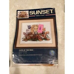 Vtg Sunset Gallery Crewel Kit Cats of the Wild 16x12 NOS 1999 Complete USA